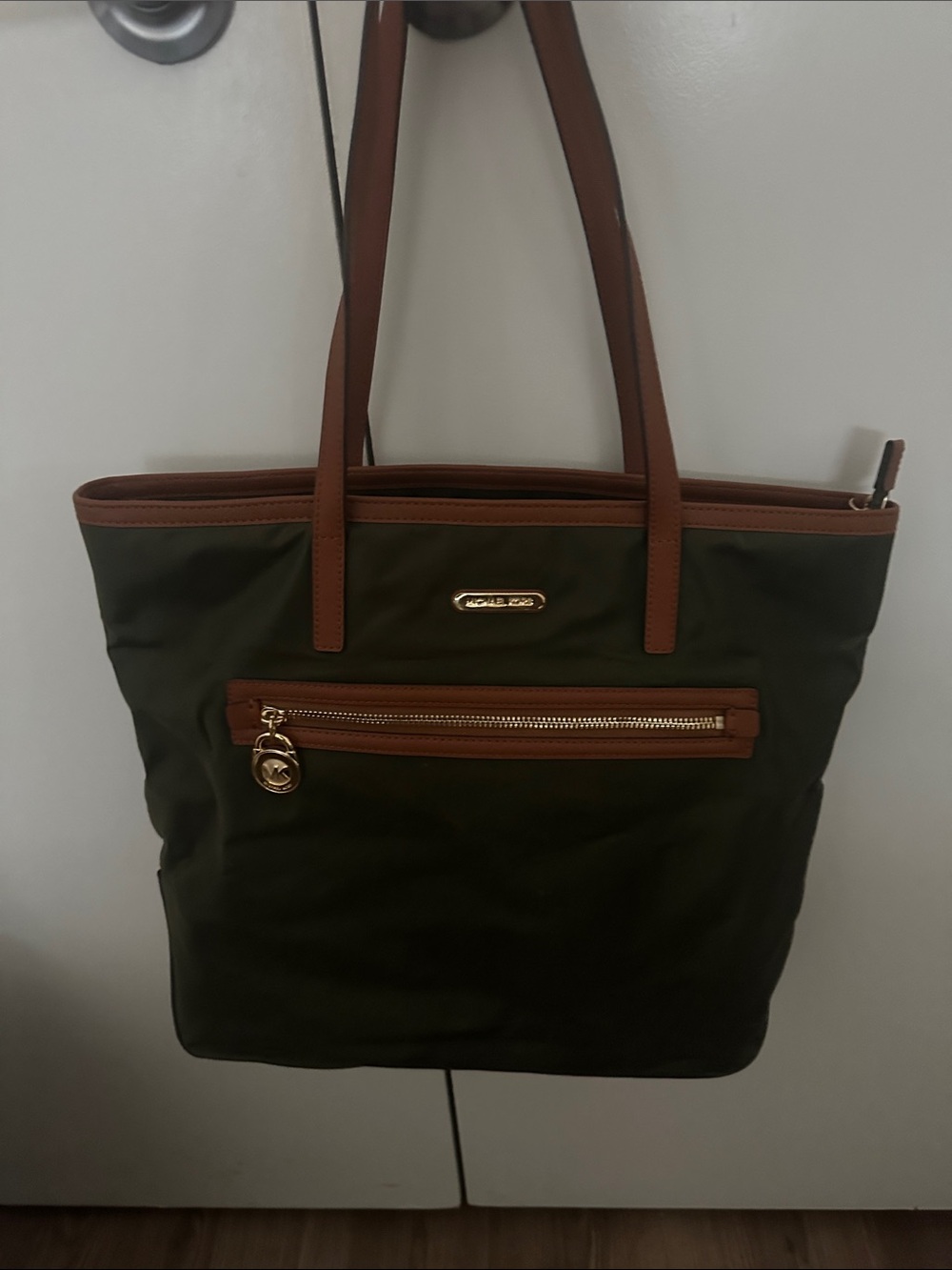 Michael Kors Olive and Brown Nylon Tote with Gold Hardware